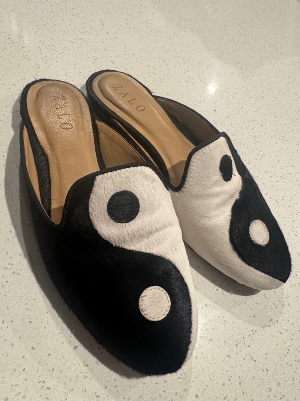 Zalo Black & White Yin Yang Leather Slip-On Mules